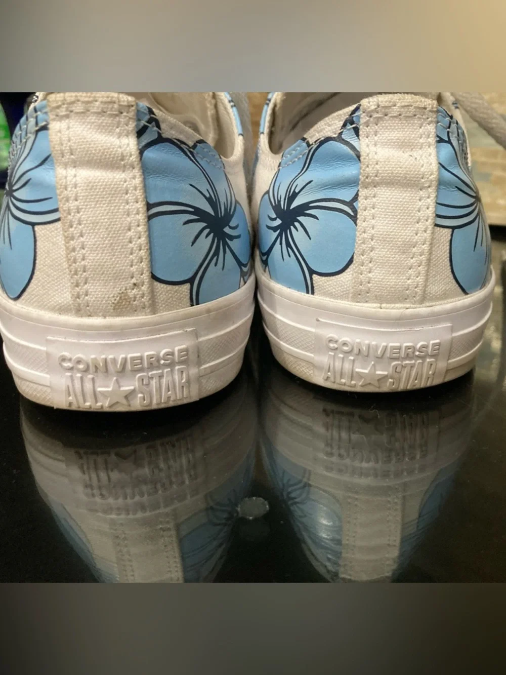 Converse White Canvas Sneaker with Blue Floral Print CUSTOM low top - Picture 4 of 6